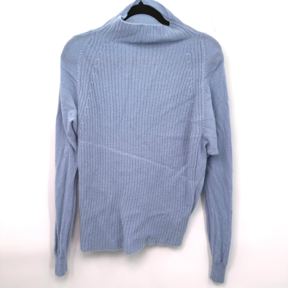 100% Cashmere Mock Neck Sweater Womens M Blue Ribbed Knit Minimalist Soft Luxury